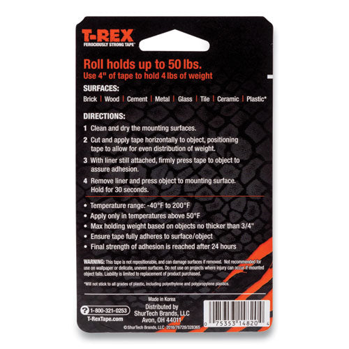 Image of T-REX® Extreme Hold Mounting Tape, 1.5" Core, 1" X 1.66 Yds, Black