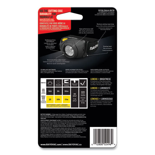 Image of Rayovac® Virtually Indestructible Led Headlight, 3 Aaa Batteries (included), 30 M Projection, Black