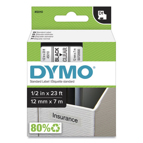 Image of DYMO® D1 High-Performance Polyester Removable Label Tape, 0.5" X 23 Ft, Black On Clear