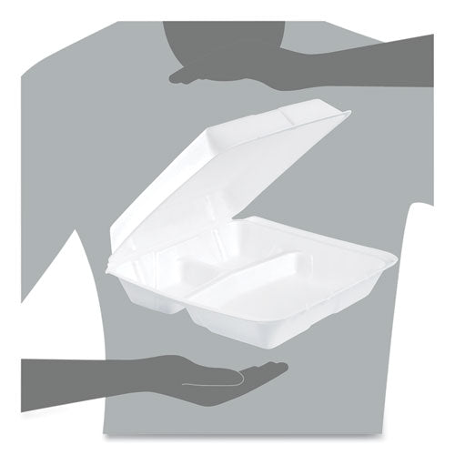 Image of Dart® Foam Hinged Lid Containers, 3 Compartments, 9.25 x 9.5 x 3, White, 100/Sleeve, 2 Sleeves/Carton