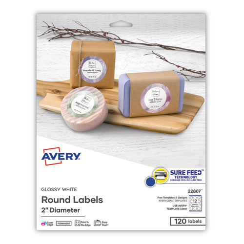 Image of Avery® Round Print-To-The Edge Labels With Sure Feed And Easy Peel, 2" Dia, Glossy White, 120/pk