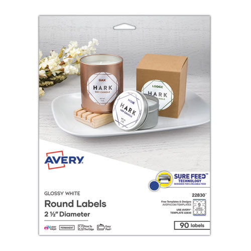 Image of Avery® Round Print-To-The Edge Labels With Surefeed, 2.5" Dia, Glossy White, 90/pk