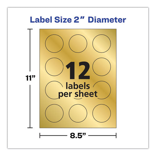 Image of Avery® Round Labels, Inkjet Printers, 2" dia, Gold, 12/Sheet, 8 Sheets/Pack