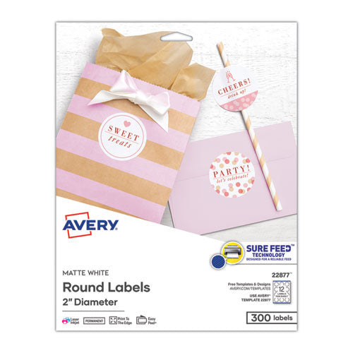 Image of Avery® Round Print-to-the Edge Labels with SureFeed and EasyPeel, 2" dia, Matte White, 300/Pack