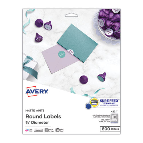 Image of Avery® Printable Self-Adhesive Permanent ID Labels w/Sure Feed, 0.75" dia, White 800/PK