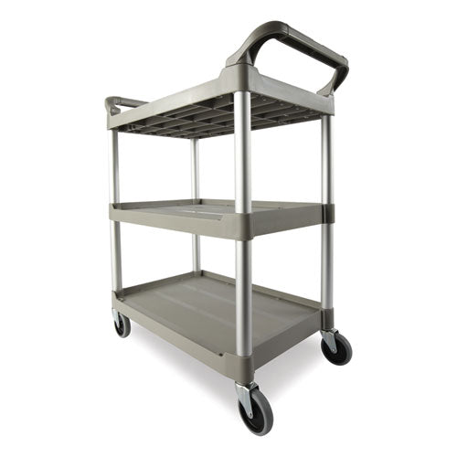 Image of Rubbermaid® Commercial Three-Shelf Service Cart, Plastic, 3 Shelves, 200 lb Capacity, 18.63" x 33.63" x 37.75", Platinum
