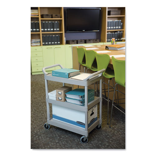 Image of Rubbermaid® Commercial Three-Shelf Service Cart, Plastic, 3 Shelves, 200 lb Capacity, 18.63" x 33.63" x 37.75", Platinum
