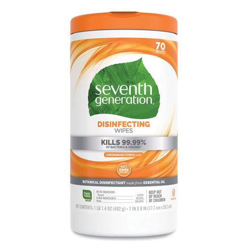 Image of Seventh Generation® Botanical Disinfecting Wipes, 7 x 8, Lemongrass Citrus, 70 Count, 6/Carton