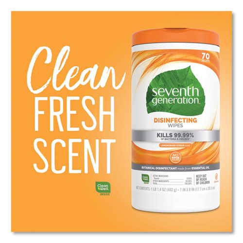Image of Seventh Generation® Botanical Disinfecting Wipes, 7 x 8, Lemongrass Citrus, 70 Count, 6/Carton