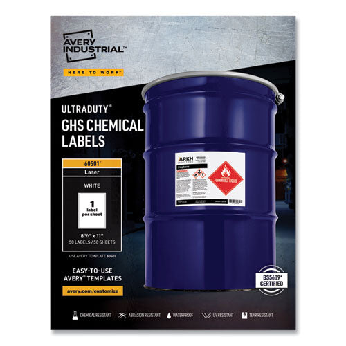 Image of Avery® Ultraduty Ghs Chemical Waterproof And Uv Resistant Labels, 8.5 X 11, White, 50/box