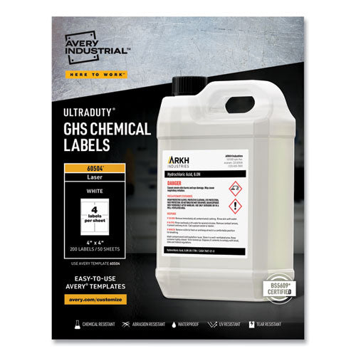Image of Avery® Ultraduty Ghs Chemical Waterproof And Uv Resistant Labels, 4 X 4, White, 4/sheet, 50 Sheets/box