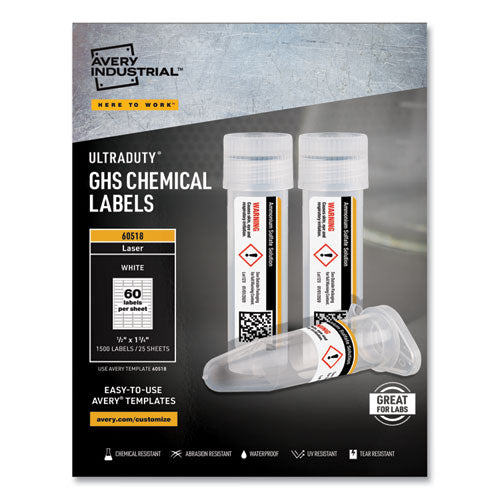Image of Avery® Ultraduty Ghs Chemical Waterproof And Uv Resistant Labels, 0.5 X 1.75, White, 60/sheet, 25 Sheets/pack