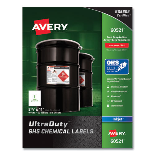Image of Avery® Ultraduty Ghs Chemical Waterproof And Uv Resistant Labels, 8.5 X 11, White, 50/pack