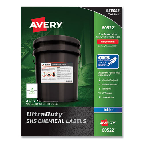 Image of Avery® Ultraduty Ghs Chemical Waterproof And Uv Resistant Labels, 4.75 X 7.75, White, 2/sheet, 50 Sheets/pack