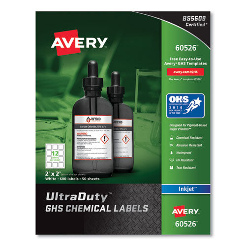 Image of Avery® Ultraduty Ghs Chemical Waterproof And Uv Resistant Labels, 2 X 2, White, 12/sheet, 50 Sheets/pack