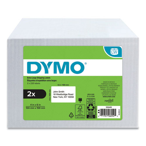 Image of DYMO® LW Extra-Large Shipping Labels, 4" x 6", White, 220 Labels/Roll, 2 Rolls/Pack