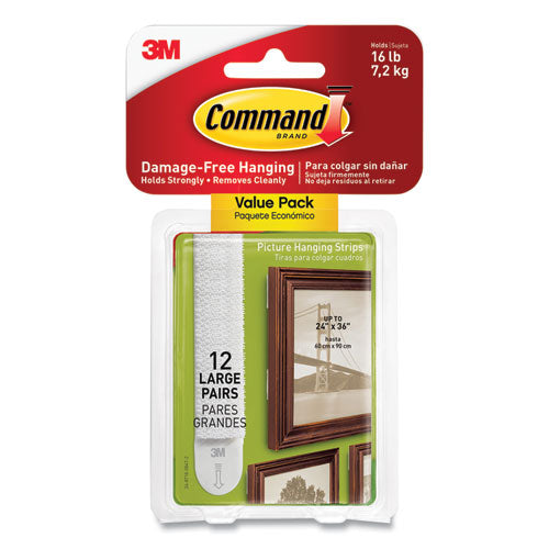 Image of Command Picture Hanging Strips, Large, Removable, Holds Up To 4 Lbs Per Pair, 0.75 X 3.65, White, 12 Pairs/pack