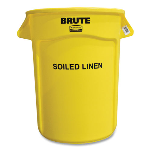 Image of Rubbermaid® Commercial Vented Round Brute Container, "Soiled Linen" Imprint, 32 gal, Plastic, Yellow