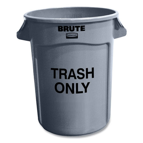 Image of Rubbermaid® Commercial Vented Round Brute Container, "Trash Only" Imprint, 32 gal, Plastic, Gray
