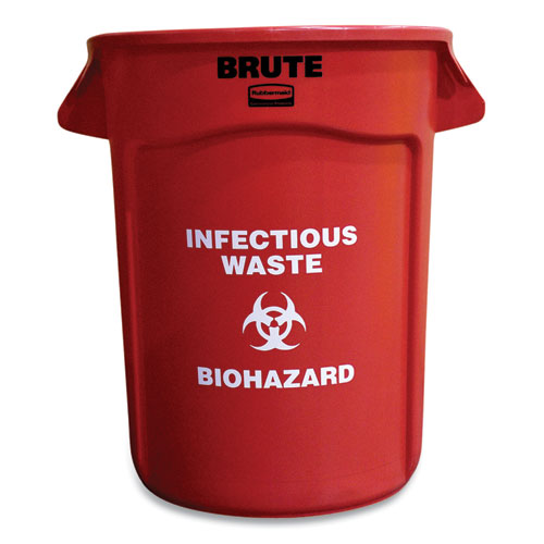 Image of Rubbermaid® Commercial Vented Round Brute Container, "Infectious Waste: Biohazard" Imprint, 32 gal, Plastic, Red