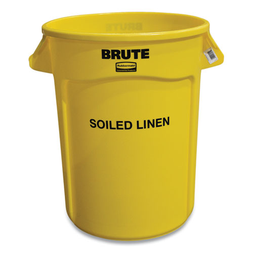 Image of Rubbermaid® Commercial Vented Round Brute Container, "Soiled Linen" Imprint, 32 gal, Plastic, Yellow