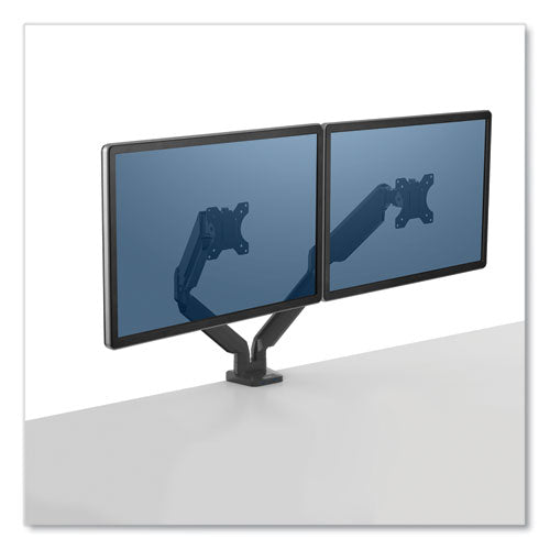 Image of Fellowes® Platinum Series Dual Monitor Arm For 27" Monitors, 360 Deg Rotation, +85 Deg/-20 Deg Tilt, 360 Deg Pan, Black, Supports 20 Lb