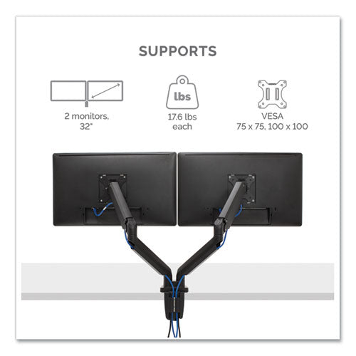 Image of Fellowes® Platinum Series Dual Monitor Arm For 27" Monitors, 360 Deg Rotation, +85 Deg/-20 Deg Tilt, 360 Deg Pan, Black, Supports 20 Lb