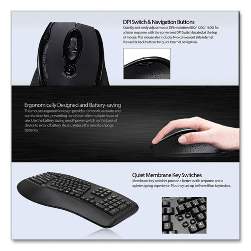 Image of Adesso Wkb1500gb Wireless Ergonomic Keyboard And Mouse, 2.4 Ghz Frequency/30 Ft Wireless Range, Black