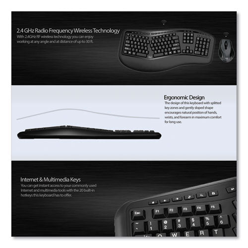 Image of Adesso Wkb1500gb Wireless Ergonomic Keyboard And Mouse, 2.4 Ghz Frequency/30 Ft Wireless Range, Black
