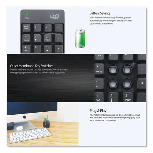 Image of Adesso Wkb6010ub Wireless 18-Key Numeric Usb Keypad, Black