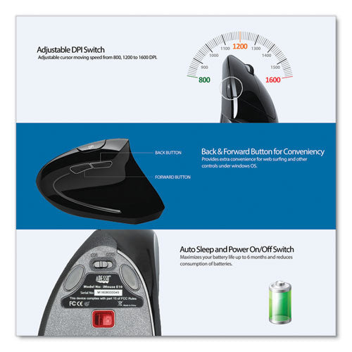 Image of Adesso Imouse E10 Wireless Vertical Ergonomic Usb Mouse, 2.4 Ghz Frequency/33 Ft Wireless Range, Right Hand Use, Black