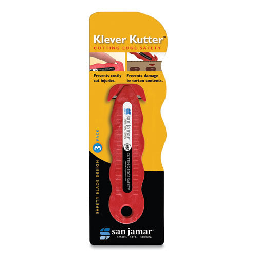Image of San Jamar® Klever Kutter Safety Cutter, 3 Razor Blades, 1" Blade, 4" Plastic Handle, Red