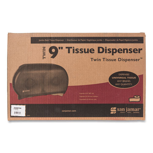 Image of San Jamar® Twin 9" Jumbo Tissue Dispenser, Classic, 19 x 5.25 x 12, Transparent Black Pearl