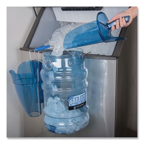 Image of San Jamar® Saf-T-Scoop and Guardian System for Ice Machines, 64 oz to 86 oz Ice Scoop, Transparent Blue
