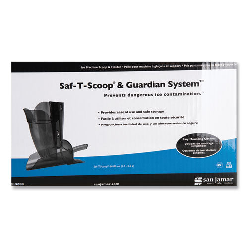 Image of San Jamar® Saf-T-Scoop and Guardian System for Ice Machines, 64 oz to 86 oz Ice Scoop, Transparent Blue