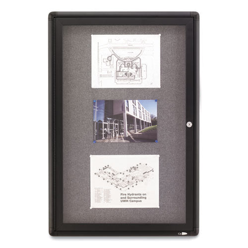 Image of Quartet® Enclosed Indoor Fabric Bulletin Board with One Hinged Door, 24" x 36", Gray Surface, Graphite Gray Aluminum Frame