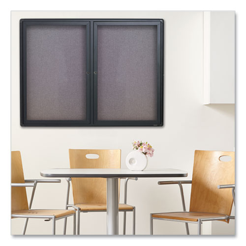 Image of Quartet® Enclosed Indoor Fabric Bulletin Board with Two Hinged Doors, 48" x 36", Gray Surface, Graphite Gray Aluminum Frame
