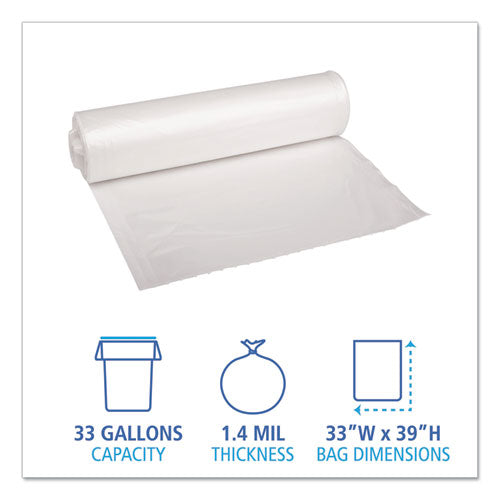 Image of Boardwalk® Recycled Low-Density Polyethylene Can Liners, 33 gal, 1.4 mil, 33" x 39", Clear, Perforated, 10 Bags/Roll, 10 Rolls/Carton
