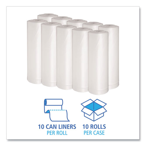 Image of Boardwalk® Recycled Low-Density Polyethylene Can Liners, 60 gal, 1.75 mil, 38" x 58", Clear, Perforated, 10 Bags/Roll, 10 Rolls/Carton