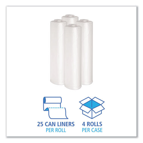 Image of Boardwalk® Recycled Low-Density Polyethylene Can Liners, 33 gal, 1.4 mil, 33" x 39", Clear, Perforated, 10 Bags/Roll, 10 Rolls/Carton