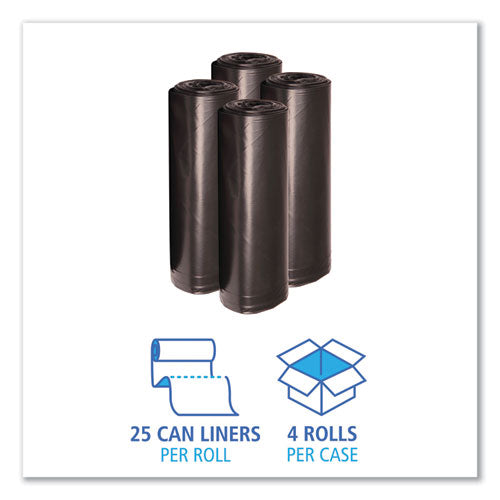 Image of Boardwalk® Recycled Low-Density Polyethylene Can Liners, 45 gal, 1.6 mil, 40" x 46", Black, Perforated, 10 Bags/Roll, 10 Rolls/Carton