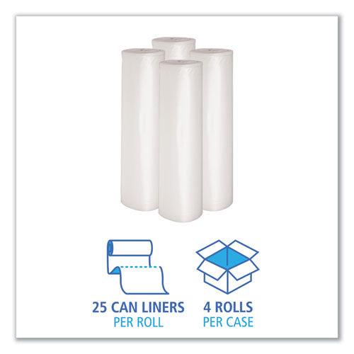 Image of Boardwalk® Recycled Low-Density Polyethylene Can Liners, 60 gal, 1.1 mil, 38" x 58", Clear, Perforated, 10 Bags/Roll, 10 Rolls/Carton