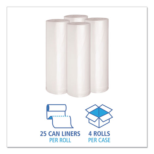 Image of Boardwalk® Recycled Low-Density Polyethylene Can Liners, 45 gal, 1.4 mil, 40" x 46", Clear, Perforated, 10 Bags/Roll, 10 Rolls/Carton