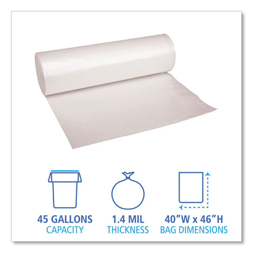 Image of Boardwalk® Recycled Low-Density Polyethylene Can Liners, 45 gal, 1.4 mil, 40" x 46", Clear, Perforated, 10 Bags/Roll, 10 Rolls/Carton