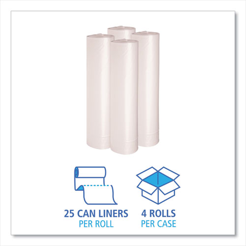 Image of Boardwalk® Recycled Low-Density Polyethylene Can Liners, 45 gal, 1.1 mil, 40" x 46", Clear, Perforated, 10 Bags/Roll, 10 Rolls/Carton