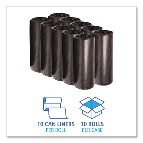 Image of Boardwalk® Recycled Low-Density Polyethylene Can Liners, 60 gal, 1.8 mil, 38" x 58", Black, Perforated, 10 Bags/Roll, 10 Rolls/Carton