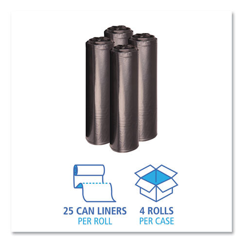 Image of Boardwalk® Recycled Low-Density Polyethylene Can Liners, 33 gal, 1.2 mil, 33" x 39", Black, Perforated, 10 Bags/Roll, 10 Rolls/Carton