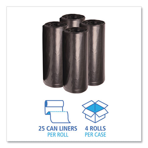 Image of Boardwalk® Recycled Low-Density Polyethylene Can Liners, 60 gal, 1.6 mil, 38" x 58", Black, Perforated, 10 Bags/Roll, 10 Rolls/Carton