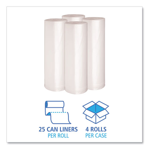 Image of Boardwalk® Recycled Low-Density Polyethylene Can Liners, 60 gal, 1.4 mil, 38" x 58", Clear, Perforated, 10 Bags/Roll, 10 Rolls/Carton