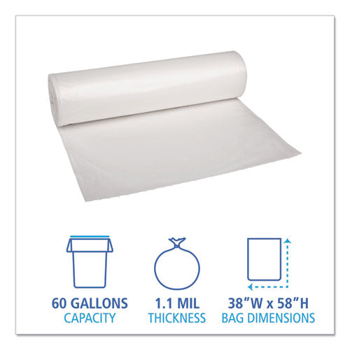 Image of Boardwalk® Recycled Low-Density Polyethylene Can Liners, 60 gal, 1.1 mil, 38" x 58", Clear, Perforated, 10 Bags/Roll, 10 Rolls/Carton